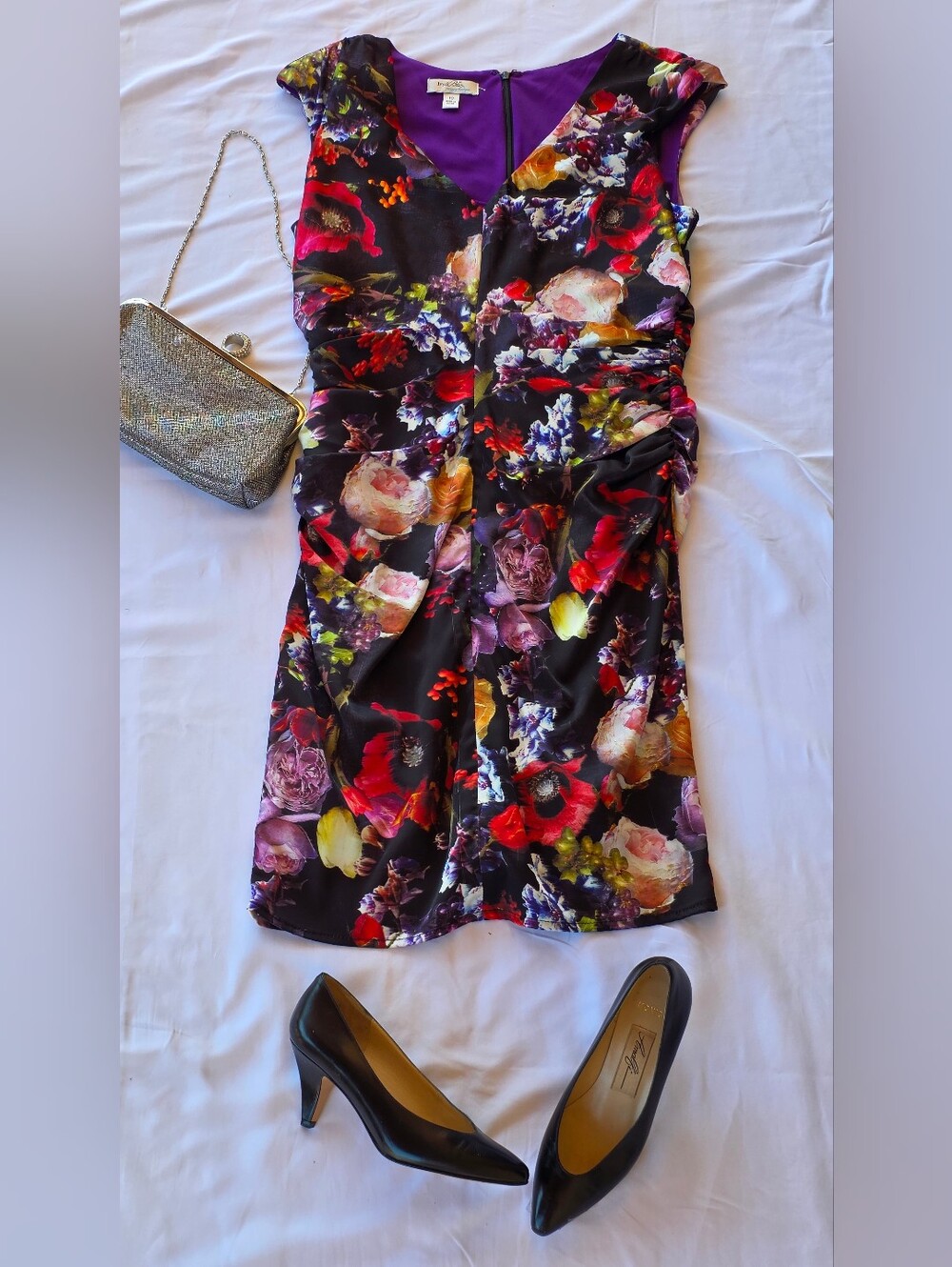 Ivy & Blu for Maggy Boutique Black Floral Ruched Sheath Cocktail Dress Size 10